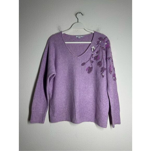 Chico’s Women’s Bohemian Sequin Purple V-Neck Sweater Size 1/M Wool Blend - Picture 1 of 14